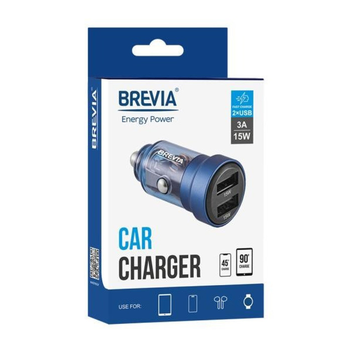 Автомобільний зарядний пристрій Brevia ePower DualDrive 15W 2xUSB-A, transparent blue 