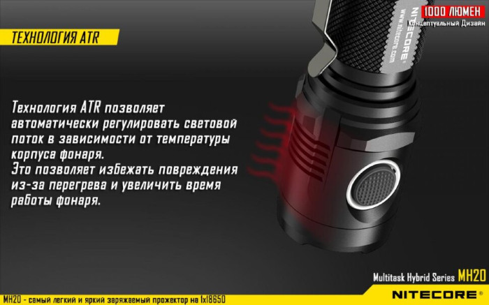 Кишеньковий ліхтар Nitecore MH20,1000 люмен (холодне світло) 