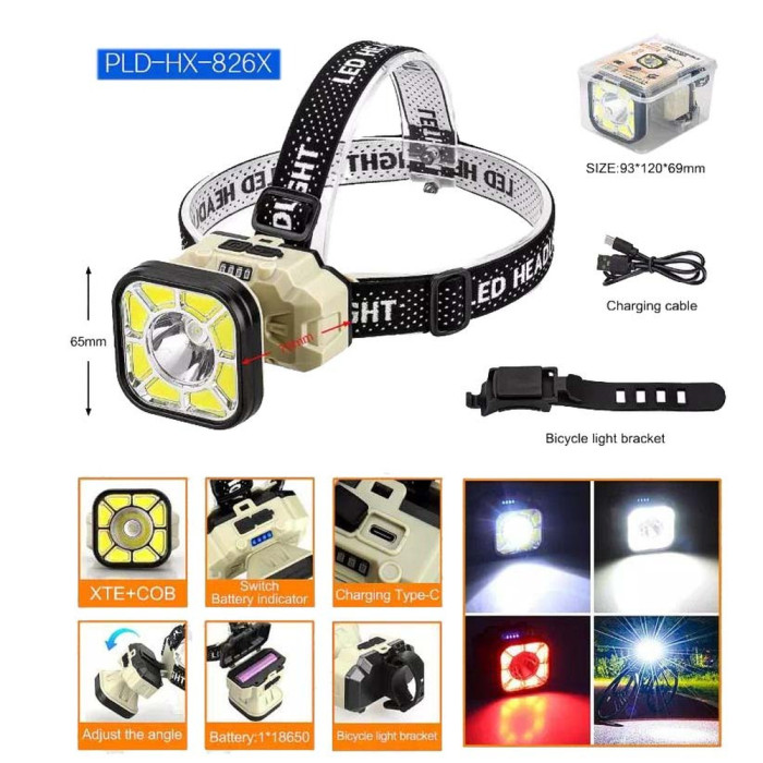 Ліхтар налобний Police 826XS-XPE+8COB, 1x18650, вело кріплення, ЗП Type-C, Box 