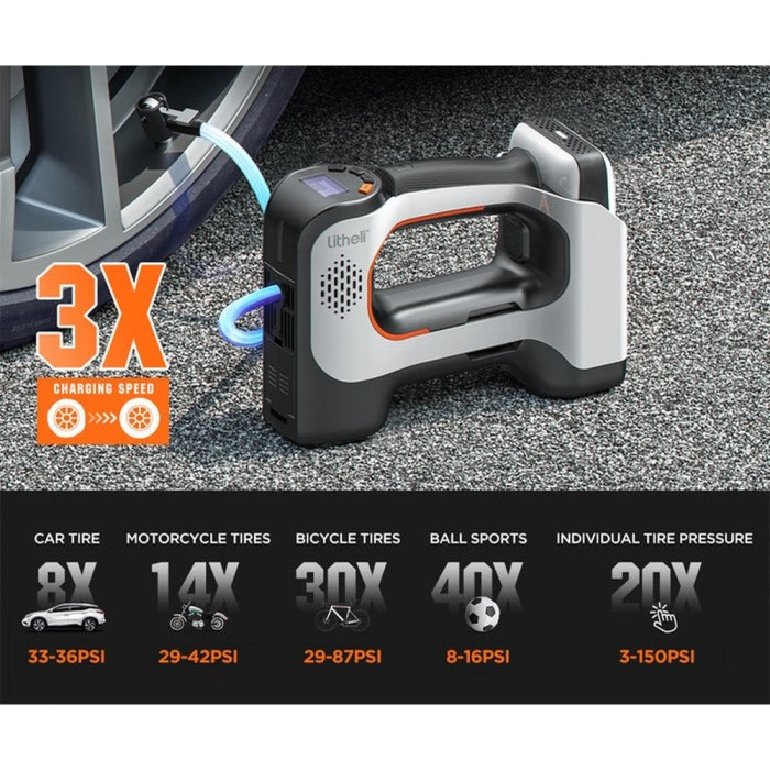 Акумуляторний компресор Litheli з ліхтарем, живлення від павербанку (УМБ Litheli Power Bank 20000 mAh, 45 W, 2А в комплекті) 