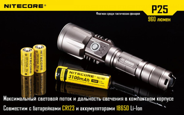 Кишеньковий ліхтар Nitecore P25 SMILODON, 960 люмен (сірий) 