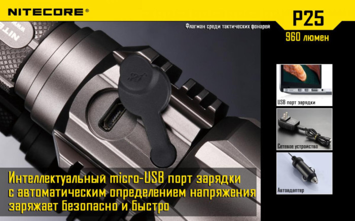 Кишеньковий ліхтар Nitecore P25 SMILODON, 960 люмен (сірий) 