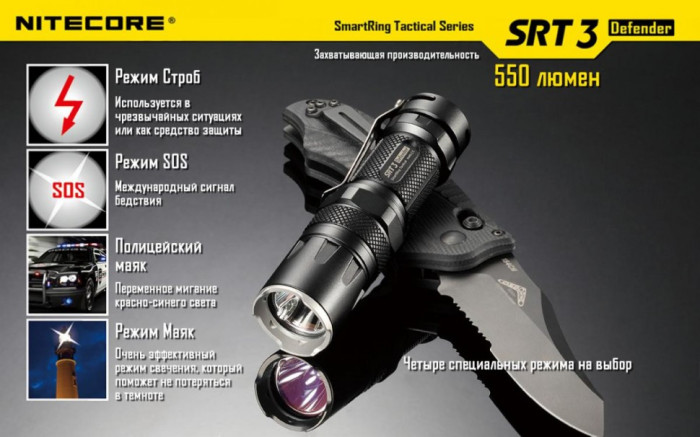 Кишеньковий ліхтар Nitecore SRT3 Defender, 550 люмен (сірий) 