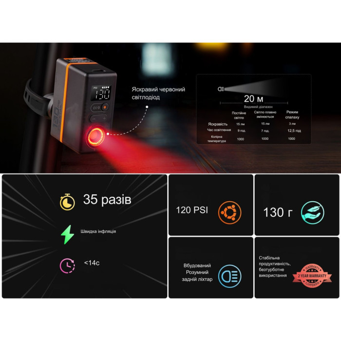 Велосипедний міні насос-задня фара Flextail Tiny Tire Pump ACS, чорний 