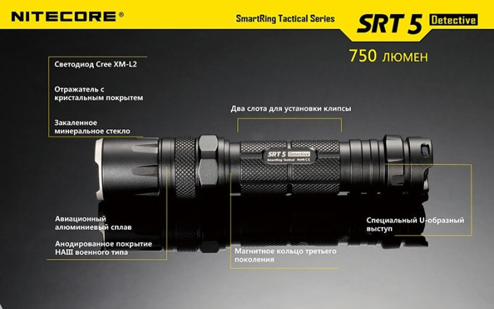 Кишеньковий ліхтар Nitecore SRT5 Detective, 750 люмен (чорний) 