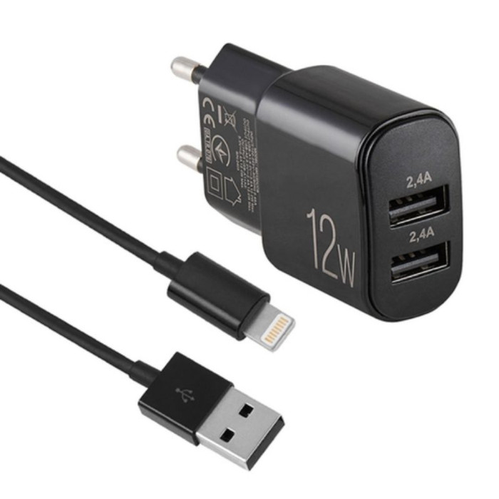 Мережевий зарядний пристрій Brevia ePower 12W 2xUSB-A + Cable USB-A to Lightning 1m 