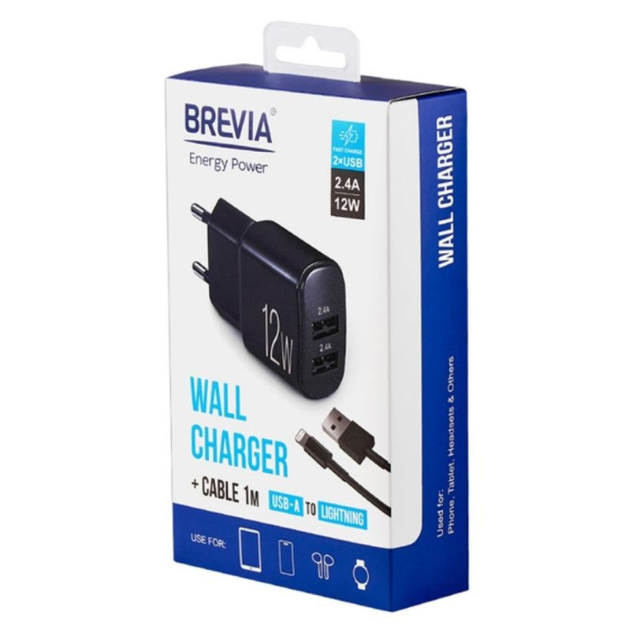 Мережевий зарядний пристрій Brevia ePower 12W 2xUSB-A + Cable USB-A to Lightning 1m 