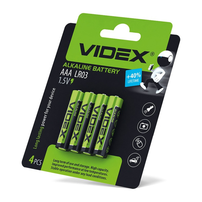 Батарейки лужні Videx LR03/AAA 4шт упак (LR03/AAA 4pcs BC)