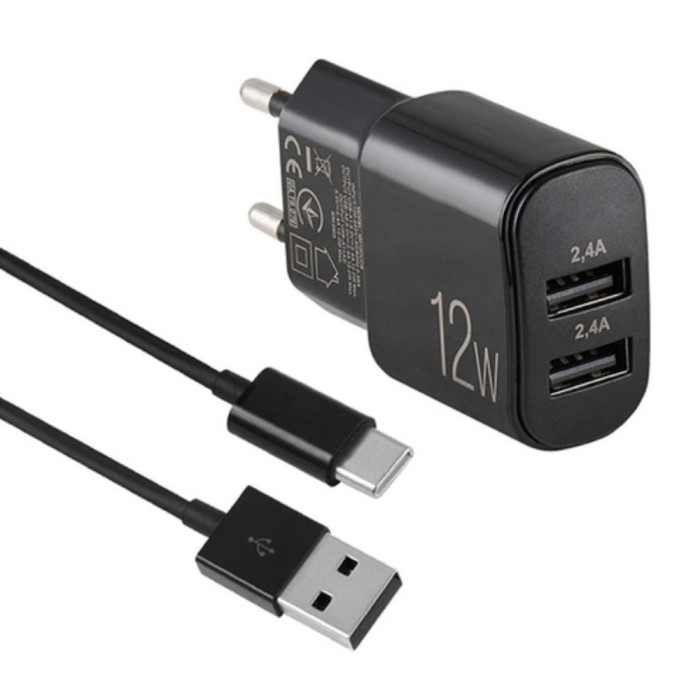 Мережевий зарядний пристрій Brevia ePower 12W 2xUSB-A + Cable USB-A to USB-C 1m 