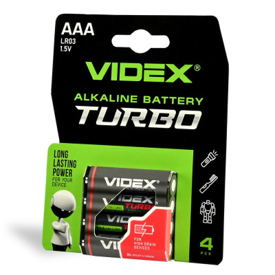 Батарейки лужні Videx LR03/AAA Turbo 4шт упак