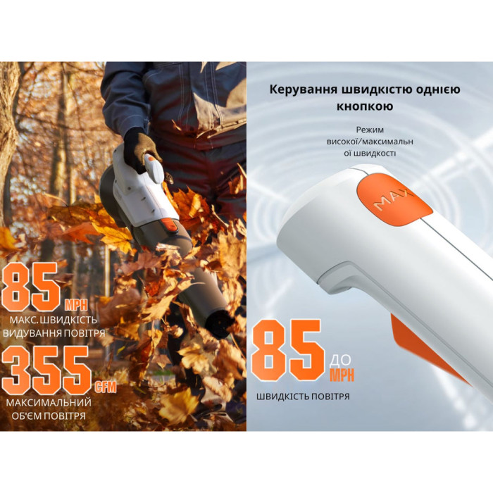 Акумуляторна повітродувка садова Litheli, живлення від павербанку (УМБ Litheli Power Bank 10000 mAh, 45 W, 2А в комплекті) 