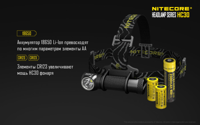 Налобний ліхтар Nitecore HC30w Cree XM-L2 U2, тепле світло 