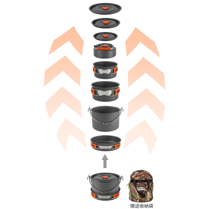 Набір туристичного посуду (2 каструлі з кришкою, котелок, сковорідка, чайник, 6 тарілок, ложка, черпак та губка) BRS-157, алюміній 