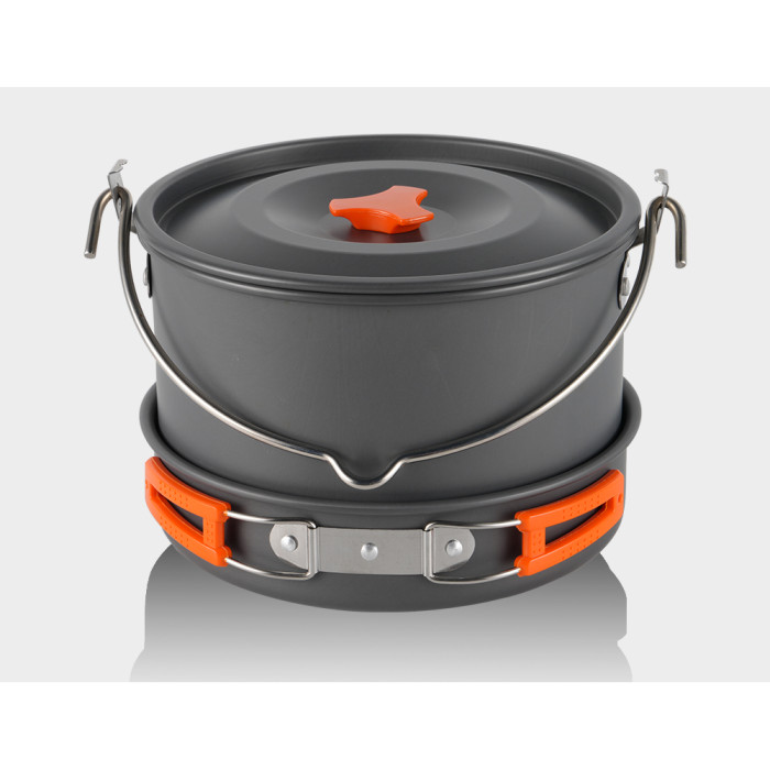 Набір туристичного посуду (2 каструлі з кришкою, котелок, сковорідка, чайник, 6 тарілок, ложка, черпак та губка) BRS-157, алюміній 