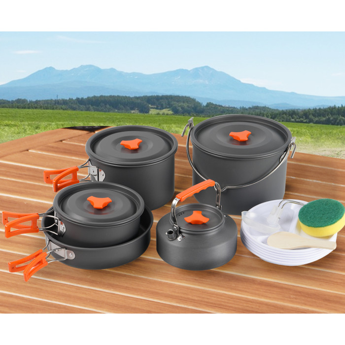 Набір туристичного посуду (2 каструлі з кришкою, котелок, сковорідка, чайник, 6 тарілок, ложка, черпак та губка) BRS-157, алюміній 