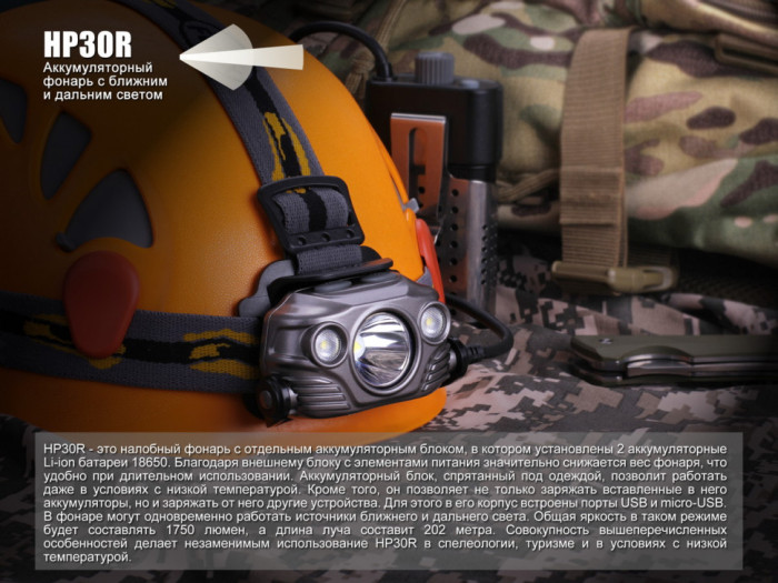 Налобний ліхтар Fenix HP30R Cree XM-L2, XP-G2 (R5) (сірий) 