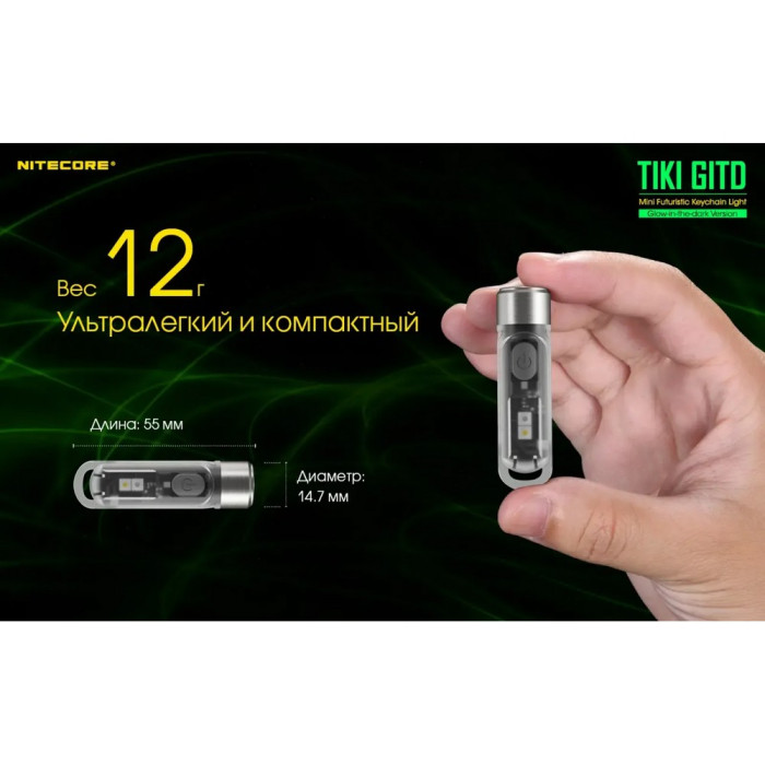Ліхтар наключний Nitecore TIKI GITD Blue (Osram P8 + UV, 300 люмен, 7 режимів, USB), люмінесцентний 