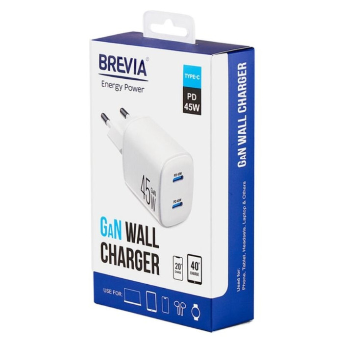 Мережевий зарядний пристрій Brevia ePowerGaN PD45W 2xUSB-C 