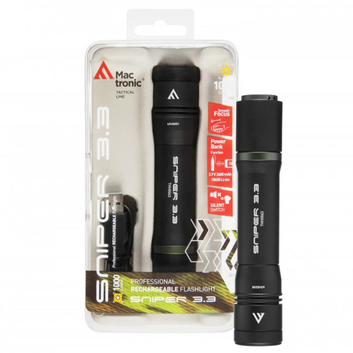 Ліхтар тактичний Mactronic Sniper 3.3 (1000 Lm) Focus Powerbank USB Rechargeable (THH0063) 