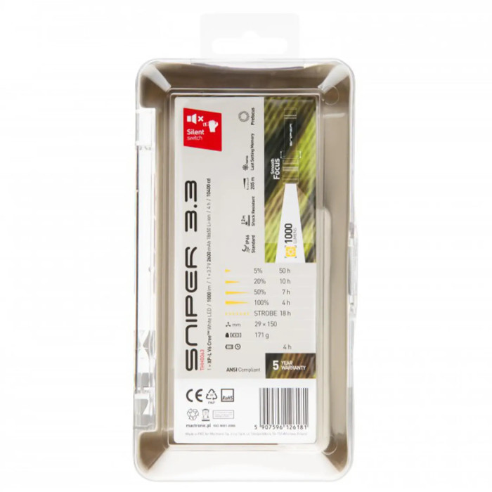 Ліхтар тактичний Mactronic Sniper 3.3 (1000 Lm) Focus Powerbank USB Rechargeable (THH0063) 