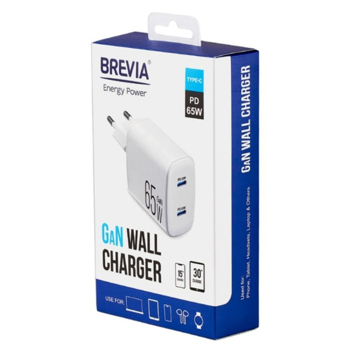 Мережевий зарядний пристрій Brevia ePowerGaN PD65W 2xUSB-C 