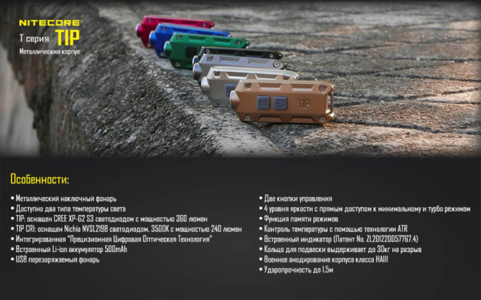 Ліхтар-брелок Nitecore TIP (золотий), 360 люмен 