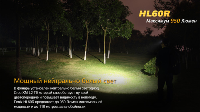 Ліхтар нейтральний білий Світлодіод Fenix HL60R Cree XM-L2 T6 