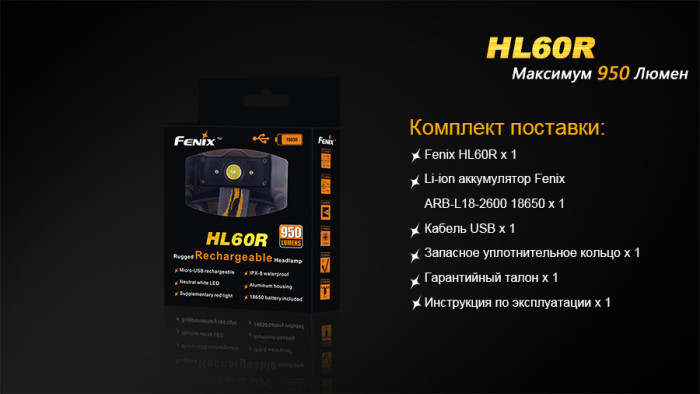 Ліхтар нейтральний білий Світлодіод Fenix HL60R Cree XM-L2 T6 