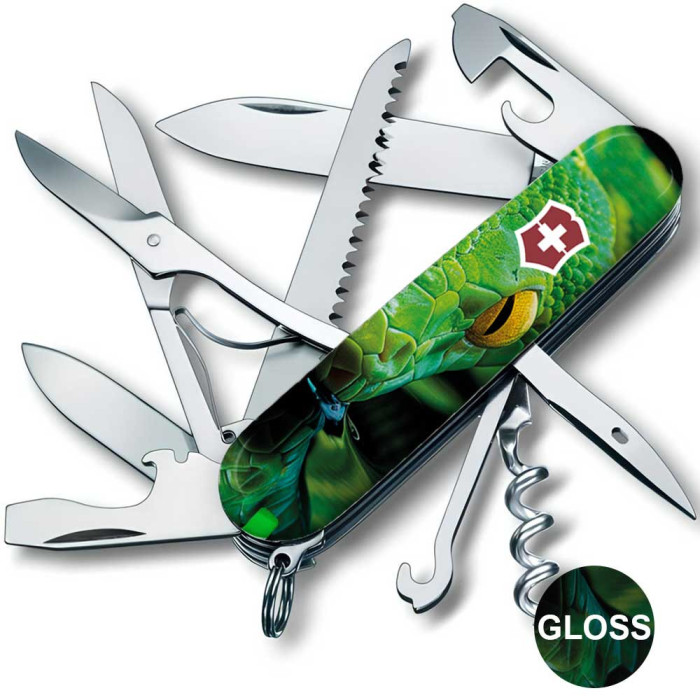 Складаний ніж Victorinox HUNTSMAN ZODIAC Зелена дерев'яна змія 1.3713.3.Z4310pk 