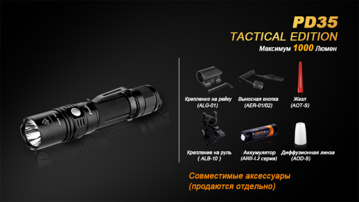 Ліхтар Fenix PD35, сірий, Cree XP-L (V5) TAC (Тактичне видання), 1000 люмен 