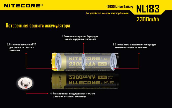 Акумулятор літієвий 18650 Li-Ion Nitecore NL1823 3.7V (2300mAh), захищений 