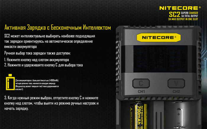 Зарядний пристрій Nitecore SC2 з LED дисплеєм (0.5 A, 1A, 2A, 3A) 