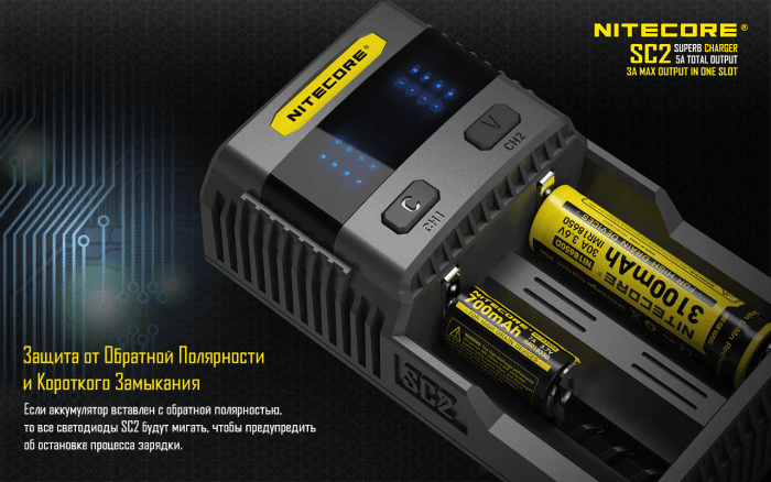 Зарядний пристрій Nitecore SC2 з LED дисплеєм (0.5 A, 1A, 2A, 3A) 