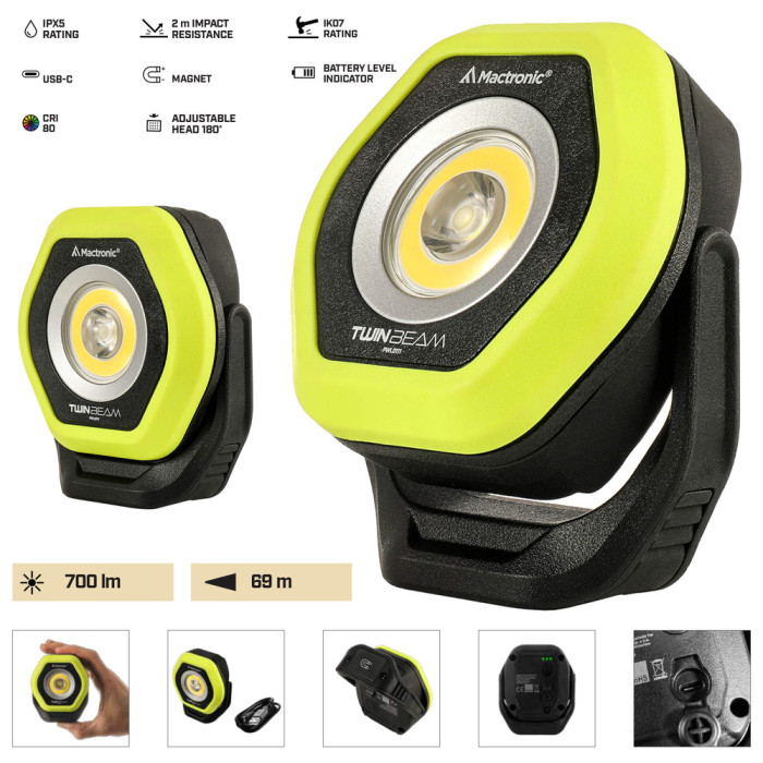 Ліхтар професійний Mactronic Twin Beam (700 Lm) 80 CRI Magnetic Recharg Type-C (PWL0111)