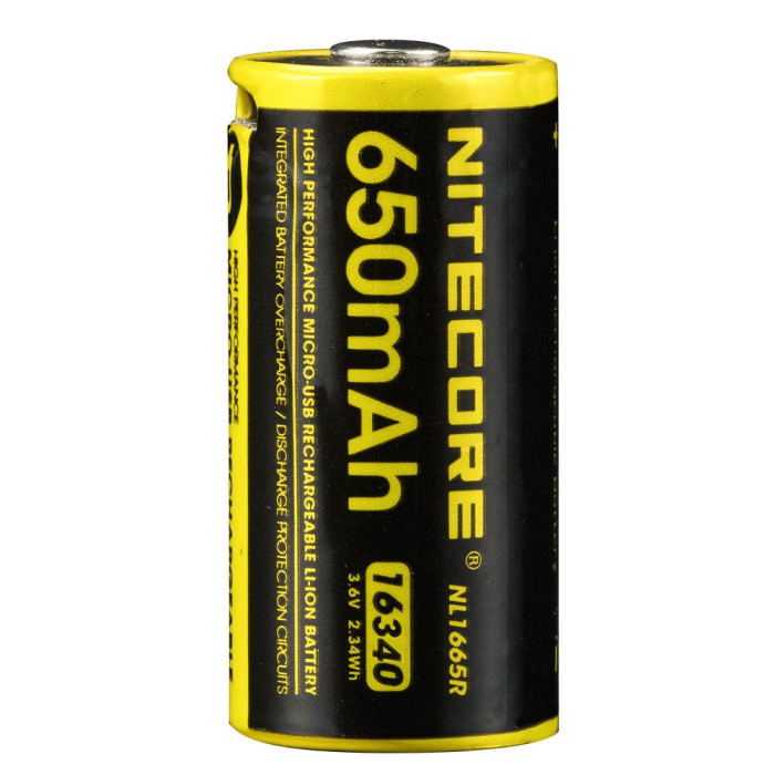 Акумулятор літієвий Li-Ion RCR123A Nitecore NL1665R 3.6 V 650mAh, USB, захищений 