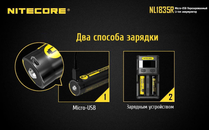 Акумулятор літієвий Li-Ion 18650 Nitecore NL1835R 3.6 V 3500mAh, USB, захищений 