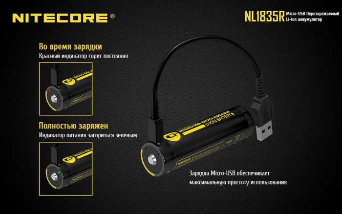 Акумулятор літієвий Li-Ion 18650 Nitecore NL1835R 3.6 V 3500mAh, USB, захищений 