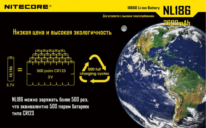 Акумулятор літієвий 18650 Li-Ion Nitecore NL1826 3.7V (2600mAh), захищений 