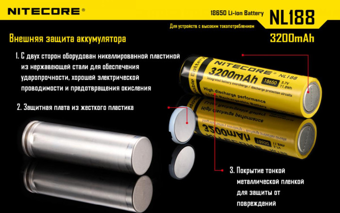 Акумулятор літієвий 18650 Nitecore NL1832 3.7V (3200mAh), захищений 