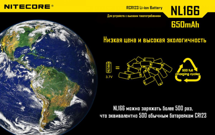 Акумулятор літієвий CR123A Li-Ion Nitecore NL166 (650mAh) 
