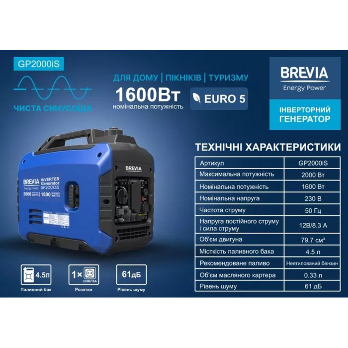 Генератор Brevia інверторний бензиновий 2,0 кВт (ном 1,6 кВт) 