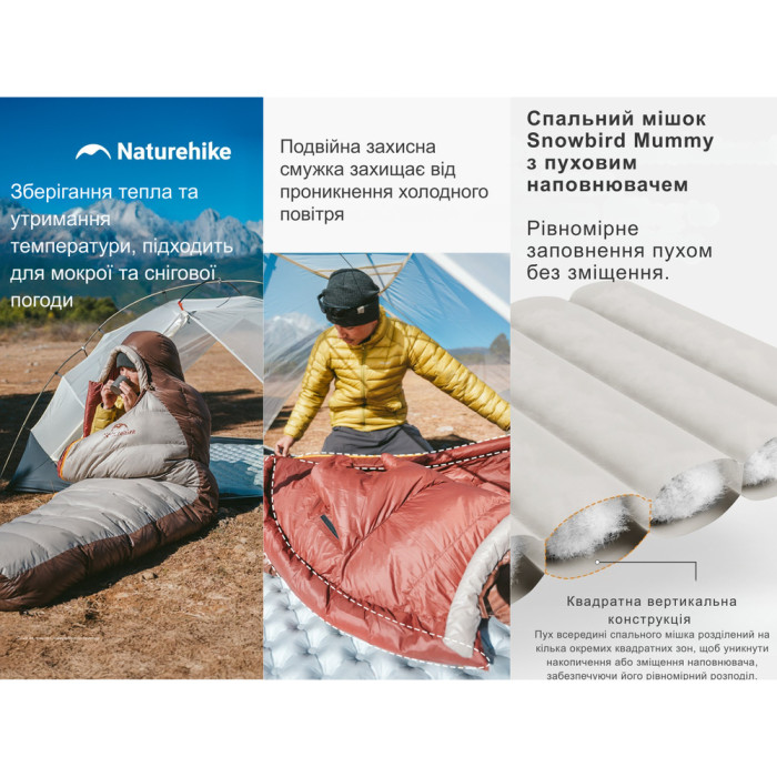 Спальник з натуральним пухом Naturehike Snowbird CNK2550WS014, p-р L, коричневий 400 г 