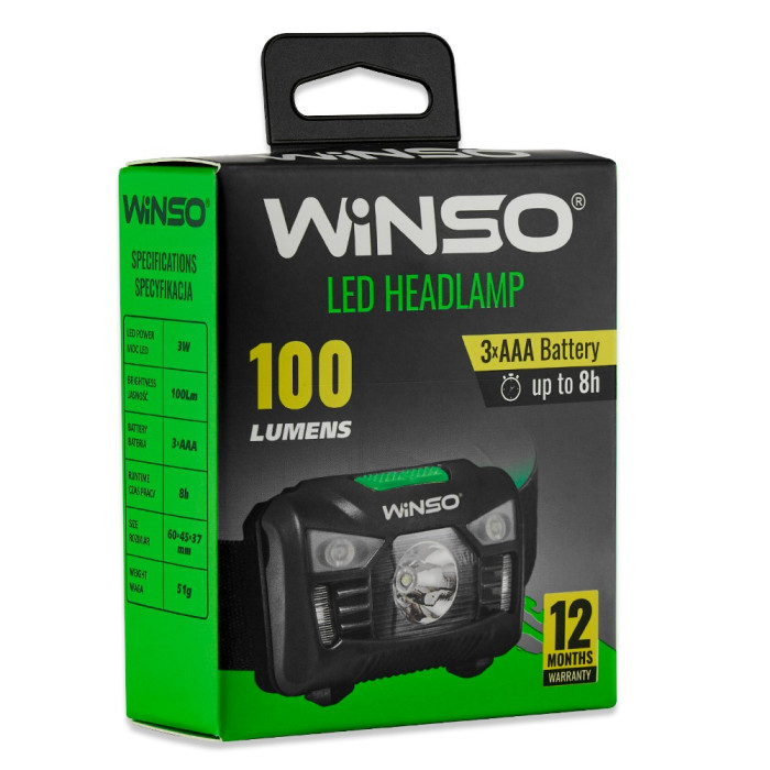 Ліхтар налобний Winso 100Lm, 3W LED, 3xAAA, Sensor White/Red 