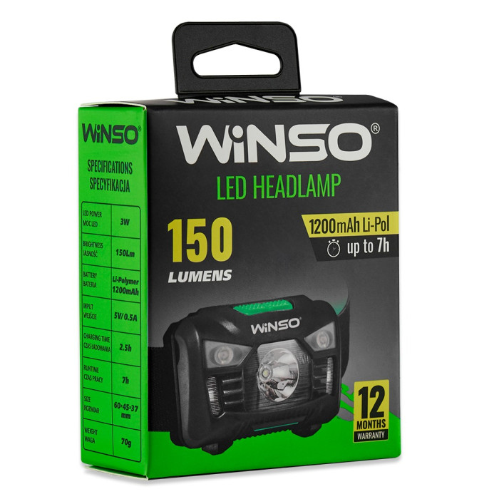 Ліхтар налобний Winso 150Lm, 3W LED, 1200mAh, Sensor White/Red 