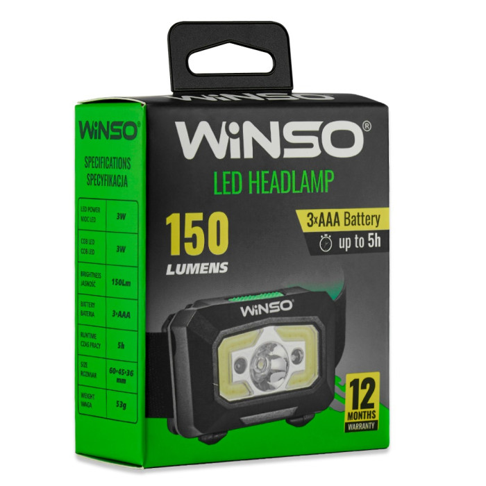 Ліхтар налобний Winso 150Lm, 3W XPE+ COB, 1200mAh, Sensor White/Red 