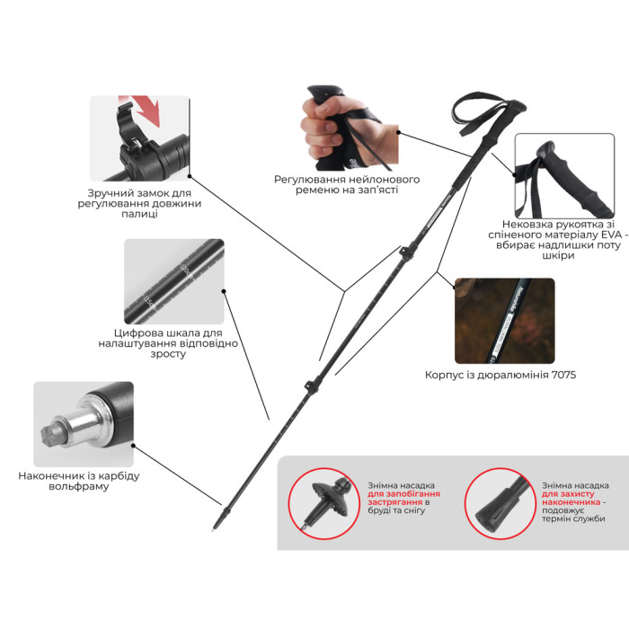 Трекінгова палиця 3-сек. Naturehike ST 03 7075 AL NH17D017-D, чорна 