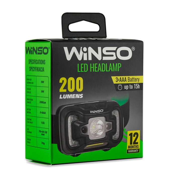 Ліхтар налобний Winso 200Lm, 5W CREE XTE + COB, 3xAAA, Sensor White/Red 
