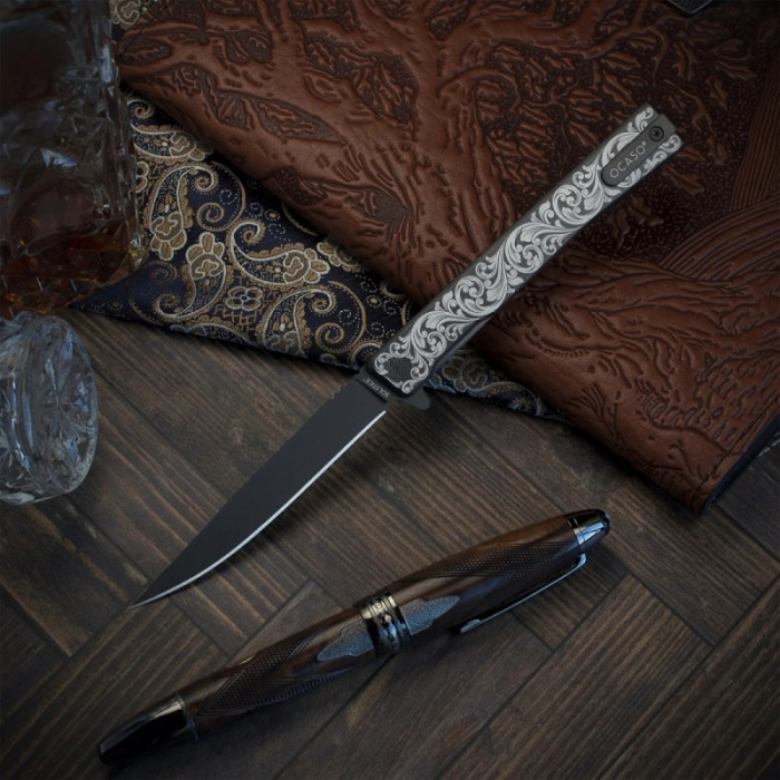 Ніж Ocaso Solstice, Engraved titanium Scroll Pattern, Black 