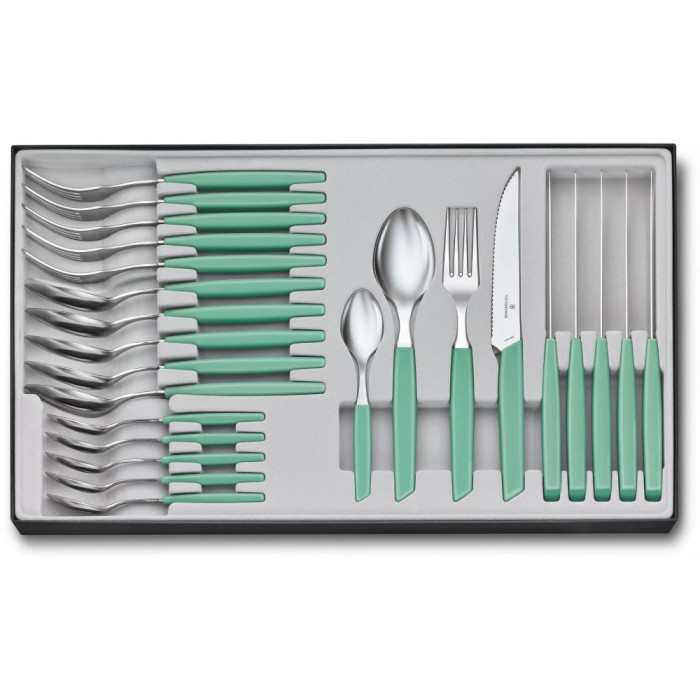 Набір кухонний Victorinox Swiss Modern Table Set 24 шт з м'ятою. ручкою (6 ножів steak, 6 виделок, 6 ложок, 6 ложок) 