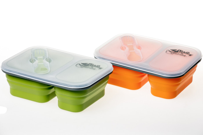 Контейнер TRAMP складаний силіконовий 2 відділи з кришкою защіпкою 900мл (з ложкою-виделкою) , Помаранчевий 